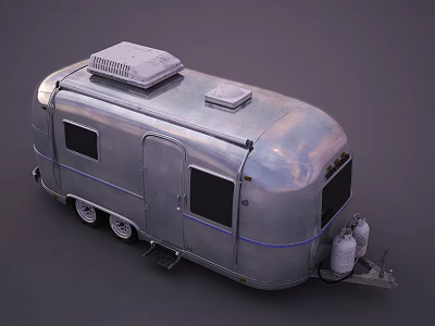 Vintage Silver Car Trailer With Roof Vents Blue Stripe Side Windows And Gas Cylinders 3d model