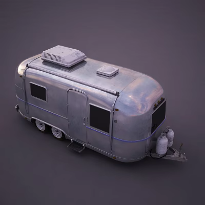 Vintage Silver Car Trailer With Roof Vents Blue Stripe Side Windows And Gas Cylinders 3d model