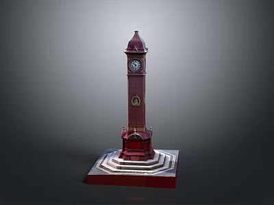 Red Clock Tower Model With Spire Clock Face And Square Stepped Base 3d model