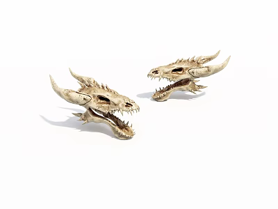 Two Detailed Dragon Skull Sculptures With Sharp Horns And Fangs 3d model