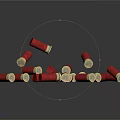 Shiny Red Bullet Casings With Gold Bottoms Scattered On Black Background Surface