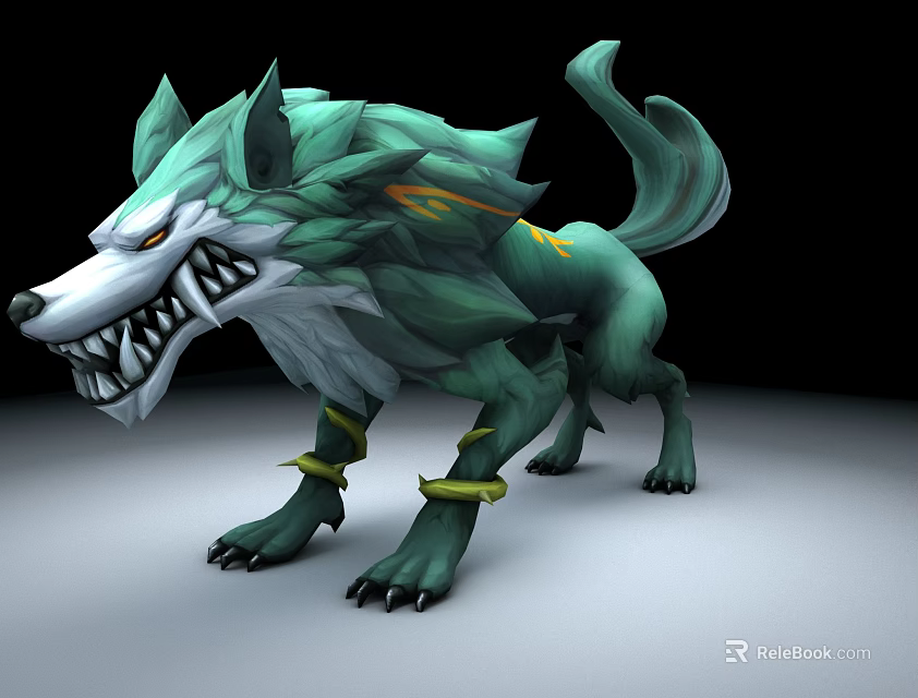 Green Mythical Reptile Creature With Sharp Fangs Claws And Golden Ankle Bands 3d model 