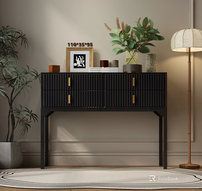 Modern Black Console Table With Gold Handles And Decorative Green Plants In Entryway 3d model 