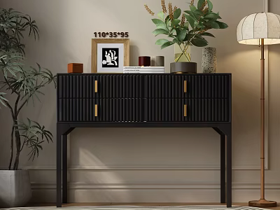 Modern Black Console Table With Gold Handles And Decorative Green Plants In Entryway 3d model