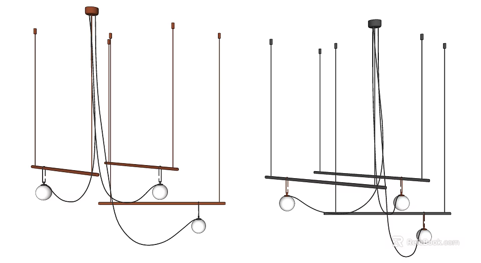 Modern Wooden And Black Metal Chandeliers With Circular Rings For Interior Decor 3d model 