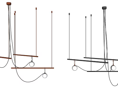 Modern Wooden And Black Metal Chandeliers With Circular Rings For Interior Decor 3d model