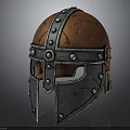 Medieval Warrior Helmet With Metal Leather Riveted Design And Scratched Surface