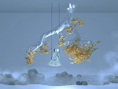 Hanging White Tree Branches With Golden Leaves And Figure By Misty Water Surface Stones 3d model