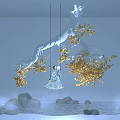Hanging White Tree Branches With Golden Leaves And Figure By Misty Water Surface Stones