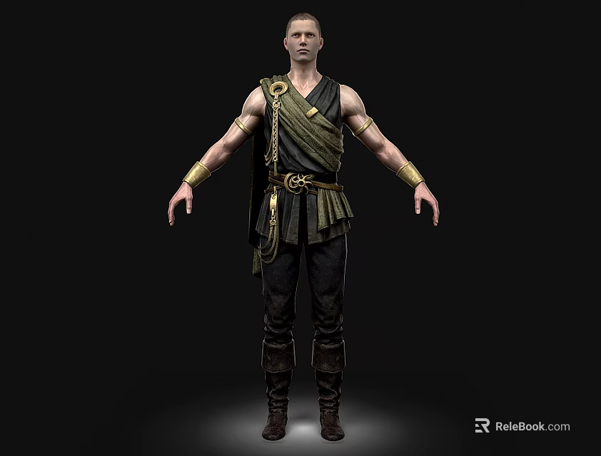 Man In Historical Warrior Costume With Leather Belt And Gold Bracelets Standing Arms Outstretched 3d model 