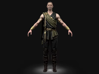 Man In Historical Warrior Costume With Leather Belt And Gold Bracelets Standing Arms Outstretched 3d model