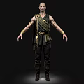 Man In Historical Warrior Costume With Leather Belt And Gold Bracelets Standing Arms Outstretched