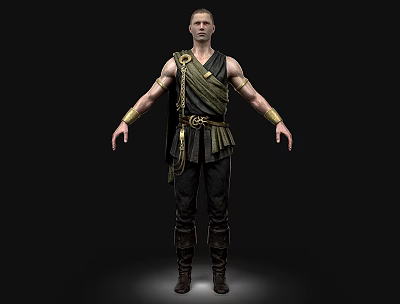 Man In Historical Warrior Costume With Leather Belt And Gold Bracelets Standing Arms Outstretched 3d model
