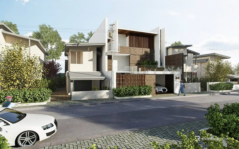 Modern Detached Villa With Lush Greenery Surroundings And Garage Exterior 3d model 