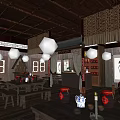 Traditional Chinese Restaurant Interior With Wooden Roof Clay Jars Tables And Decorative Lanterns