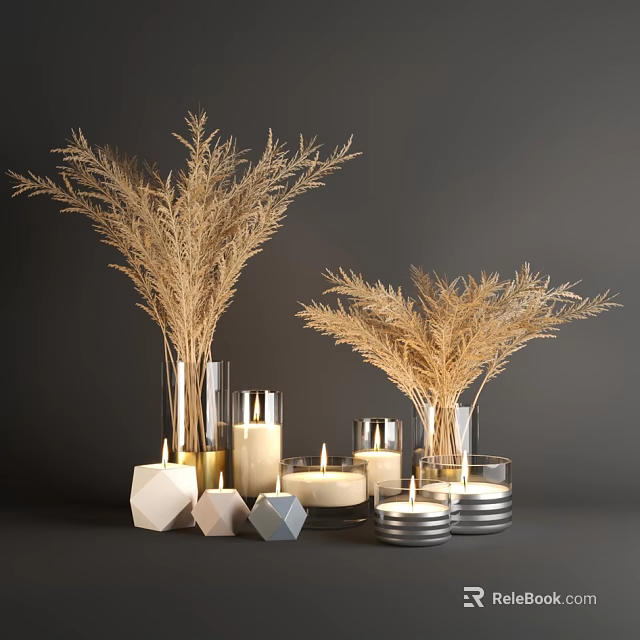 Lit Candle Lamps With Various Shapes Metal Bases And Dried Grass Decorations In Dark Background 3d model 