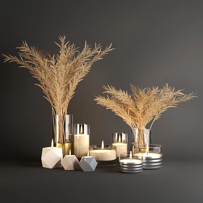 Lit Candle Lamps With Various Shapes Metal Bases And Dried Grass Decorations In Dark Background 3d model