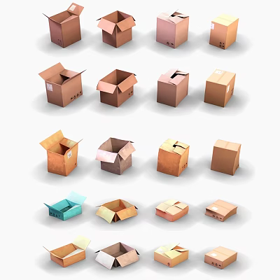 Cardboard Boxes In Different States Open Closed With Various Colors Arranged In Rows 3d model