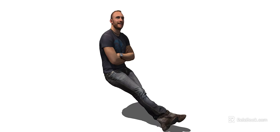 Man Sitting with Crossed Arms and Legs in Dark T-Shirt Jeans and Shoes 3d model 