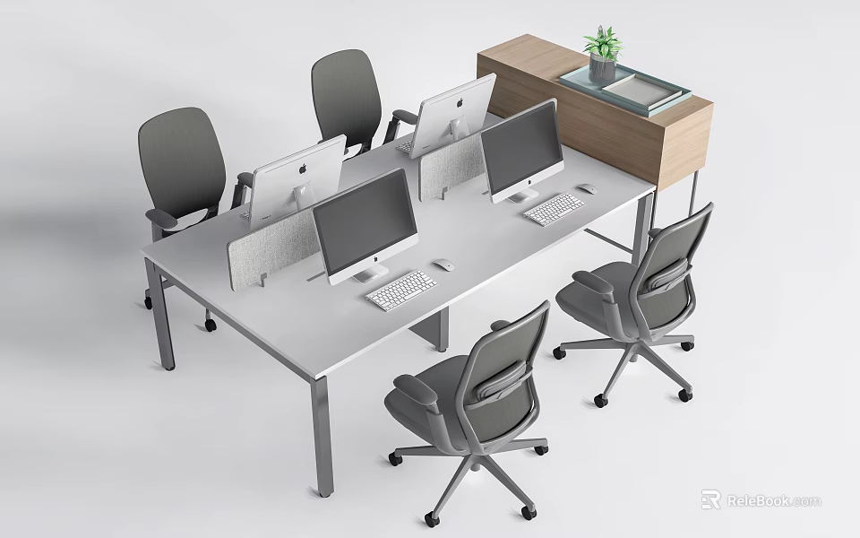 Modern Office Desk With Four Computer Monitors Grey Office Chairs And Side Cabinet Green Plant 3d model 