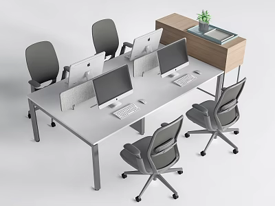 Modern Office Desk With Four Computer Monitors Grey Office Chairs And Side Cabinet Green Plant 3d model