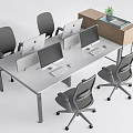 Modern Office Desk With Four Computer Monitors Grey Office Chairs And Side Cabinet Green Plant