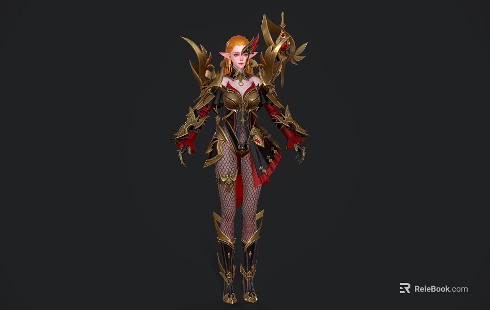 Game Movie Fantasy Character With Red Hair Elf Ears And Gold Black Armor 3d model 