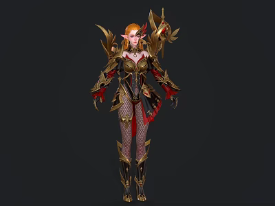 Game Movie Fantasy Character With Red Hair Elf Ears And Gold Black Armor 3d model