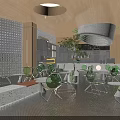 Modern Café Interior With Green Accents Transparent Chairs Round Pendant Light And Plants