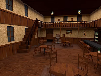 Rustic Wooden Dining Interior With Staircase Upper Gallery Tables Bar And Chandeliers 3d model