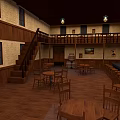 Rustic Wooden Dining Interior With Staircase Upper Gallery Tables Bar And Chandeliers