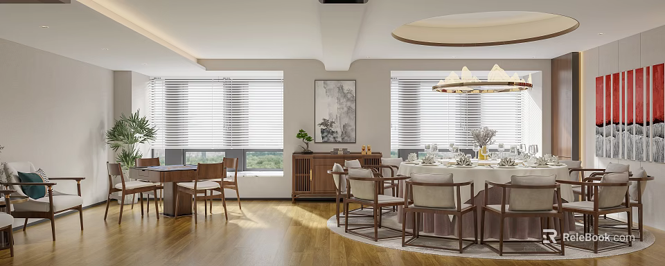 Private Dining Room Interior With Round Table Chairs Artwork And Natural Light 3d model