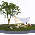 Tranquil Garden Landscape Featuring Circular Lawn Large Tree White Canopy Pink Balloons And Outdoor Furniture
