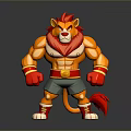 Cartoon Muscular Lion Character with Red Mane Gloves Yellow Belt and Dark Shorts