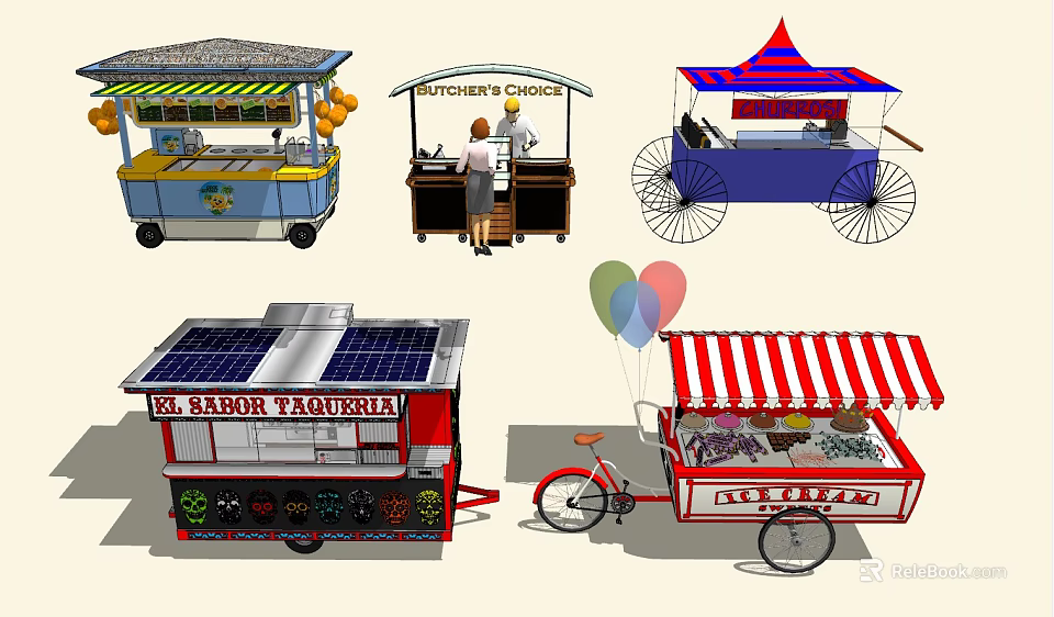 Different Types Of Mobile Food Carts With Solar Panels Bicycle Designs And Awning Tops 3d model 