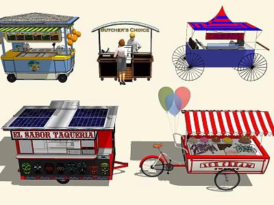 Different Types Of Mobile Food Carts With Solar Panels Bicycle Designs And Awning Tops 3d model