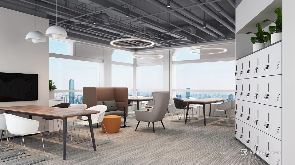 Modern Lounge Area Design With Tables Chairs Sofa Large Windows And Pendant Lights 3d model 
