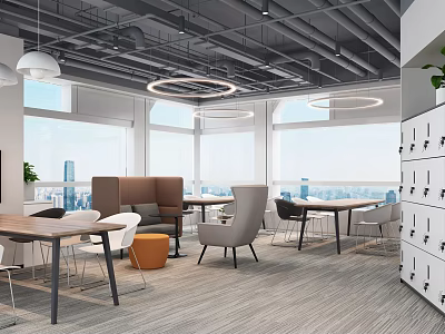 Modern Lounge Area Design With Tables Chairs Sofa Large Windows And Pendant Lights 3d model