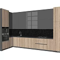 Modern Kitchen Cabinets Featuring Black And Light Wood Tones With Sleek Countertop And Integrated Appliances
