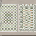 Modern Square Rugs Featuring Geometric Patterns Green Beige Tones Checkered Design And Decorative Borders