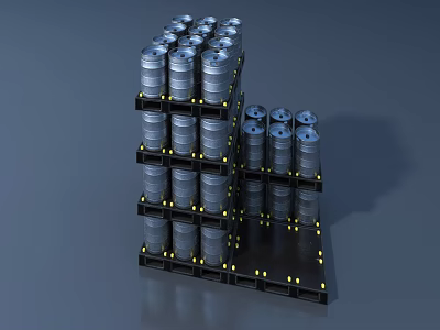 Industrial Equipment Featuring Stacked Metal Drums On Black Pallets With Yellow Markers 3d model