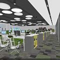 Modern Open Office Space With Workstations Computers Round Ceiling Lights And Colorful Geometric Carpet 3d model