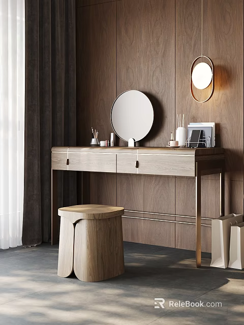 Modern Wooden Dressing Table With Round Mirror Stool And Vanity Items On Wooden Wall 3d model 
