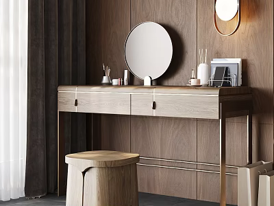 Modern Wooden Dressing Table With Round Mirror Stool And Vanity Items On Wooden Wall 3d model