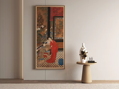 Traditional Figure Painting With Red Clothed Figure Decorative Background And Side Table Vase Decorations 3d model