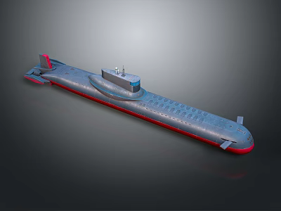 Gray Military Submarine Model Featuring Red Bottom And Conning Tower Structure 3d model