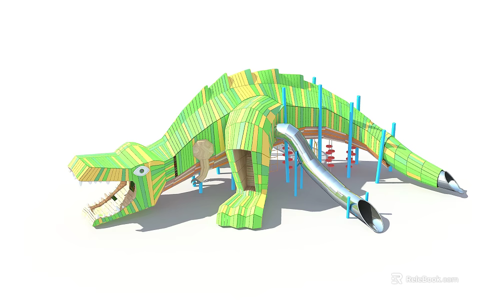 Green Yellow Striped Crocodile Shaped Play Equipment With Slide And Climbing Structure For Kids Park 3d model 