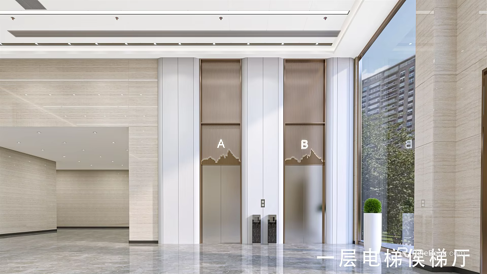 Front Desk Reception Lobby With Modern Elevators And Waiting Area Interior Design 3d model