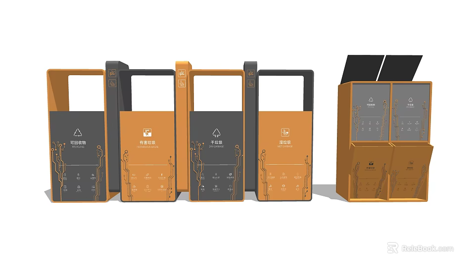 Modern Public Recycling Bins With Solar Panels And Color Coded Design For Waste Sorting 3d model