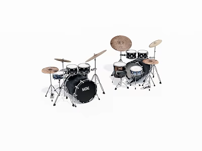 Two Black Drum Sets With Cymbals And Drumsticks On White Background 3d model